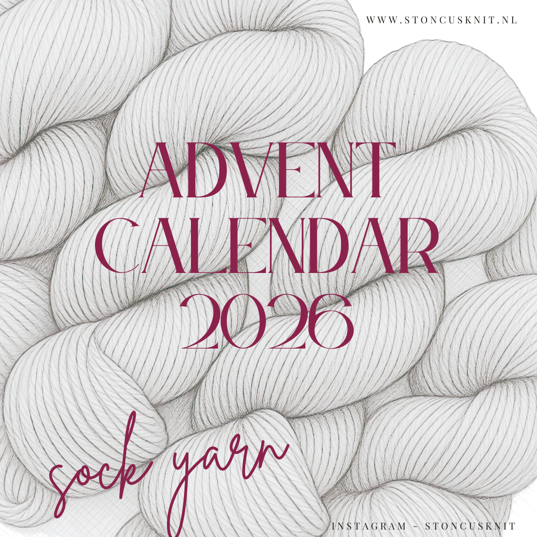 Square promotional graphic for the Advent Calendar 2026 sock yarn, featuring a detailed black-and-white line art illustration of multiple skeins of yarn in the background, with text in dark magenta reading 'ADVENT CALENDAR 2026' and 'sock yarn'.