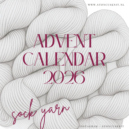 Square promotional graphic for the Advent Calendar 2026 sock yarn, featuring a detailed black-and-white line art illustration of multiple skeins of yarn in the background, with text in dark magenta reading 'ADVENT CALENDAR 2026' and 'sock yarn'.